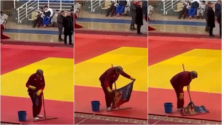 VIDEO  Skandal në Kazakistan  Flamuri i Barcelonës përdoret për të pastruar dyshemenë e mundjes
