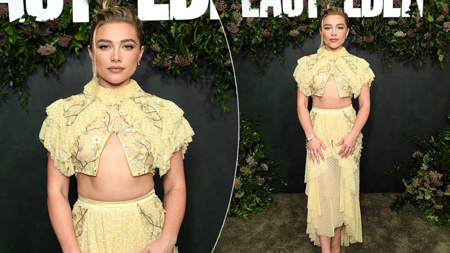Florence Pugh shfaqet në superformë me një kostum të verdhë në West Hollywood