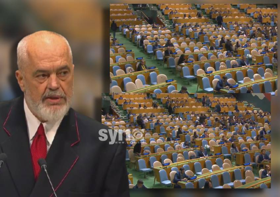 FOTO  Rama flet  me veten  në OKB  mban fjalim para një salle të boshatisur